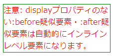 (図)注意: displayプロパティのない:before疑似要素・:after疑似要素は自動的にインラインレベル要素になります。